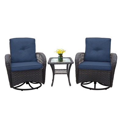 3-Piece Wicker Rocker Swivel Patio Accent Chair Set Of 2,Glass Top Side Table,Modern Arm Chair With Cushion,Patio Chairs Outdoor -Maison Boucle