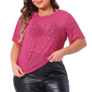 Agnes Orinda Women's Plus Size Short Sleeve Mesh Sheer Silver Star Club Trendy Crop Blouses - 1 of 4