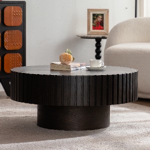 Lyngins Modern Handcrafted Coffee Table, Wooden Olive-Shaped Tea Table with Solid Wood Reliefs & MDF Base, Industrial Round Coffee Table - 1 of 4