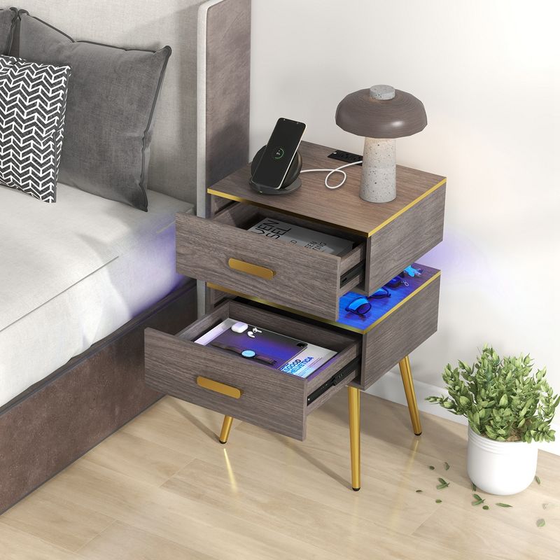 Costway 1/2 PCS Nightstand with Charging Station Bedside Sofa Side Tables with 2 Drawers Grey, 2 of 11