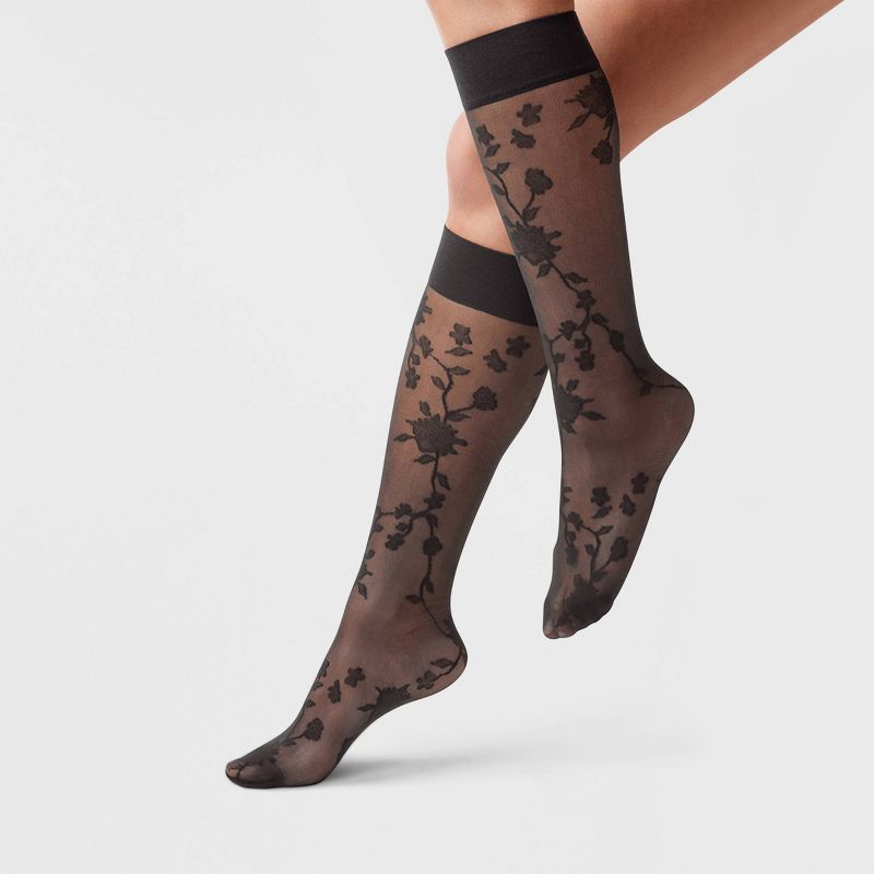 Women&#39;s Viney Floral Sheer Fashion Knee Highs - A New Day&#8482; Black One Size Fits Most, 1 of 3
