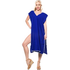 HAPPY BAY Women's Summer Vacation Beachwear Long Bathing Suit Short Front Tie Swimsuit Cover Ups Medium-Large Blue Solid - 1 of 4