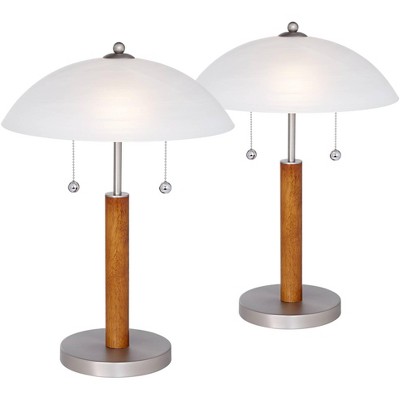 360 Lighting Modern Accent Table Lamps 19 1/2" High Set of 2 Cherry Walnut Wood Steel Frosted Dome Shade Bedroom Bedside Office