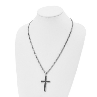 Men's Stainless Steel and Black Carbon Fiber Cross Pendant Necklace