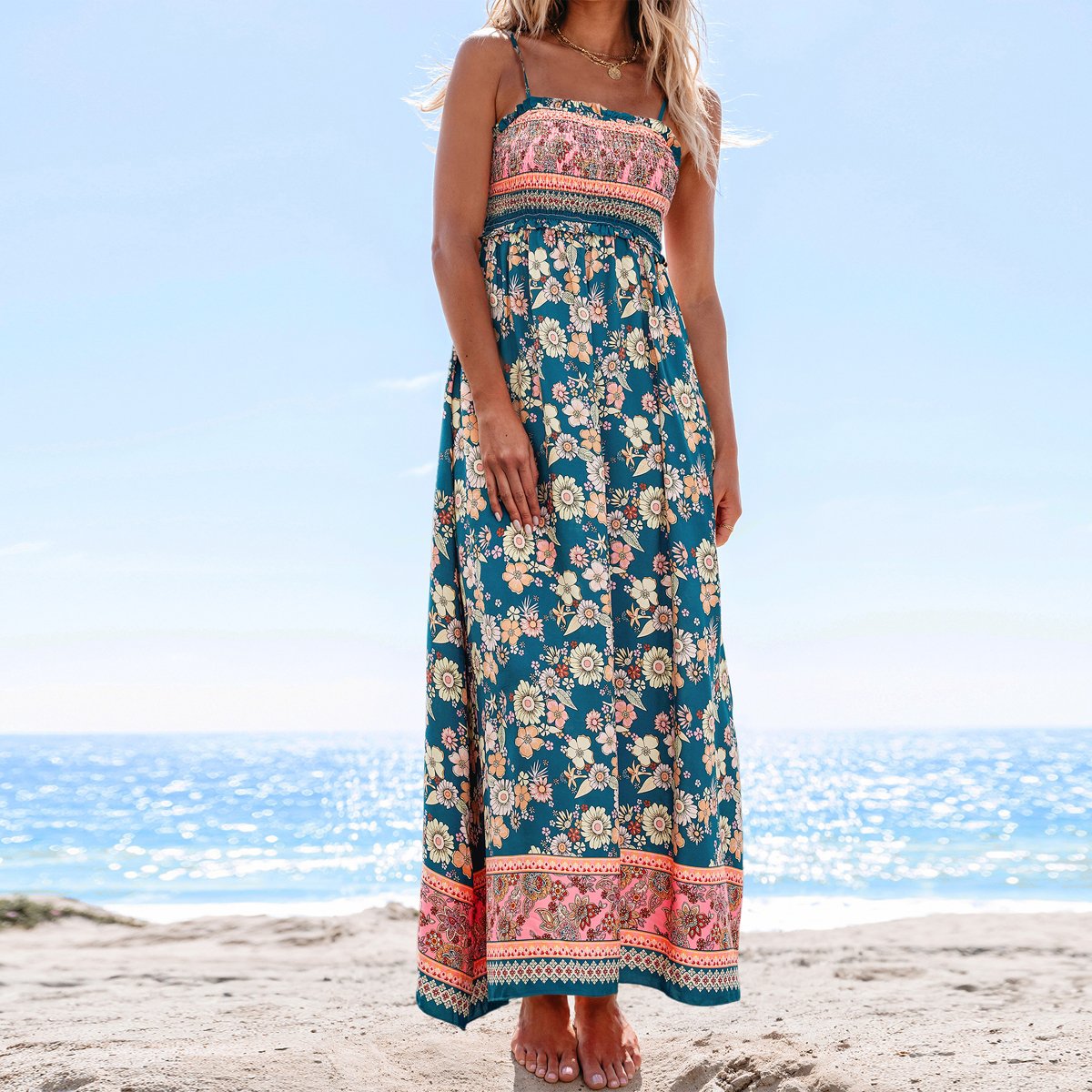 Женские платья Cupshe Women's Boho Chic Floral Print Maxi Dress with Smocked Bodice-S-Blue&Pink — фото 3
