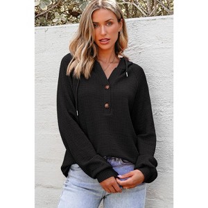Women's Waffle Knit Sweatshirt Soft Button Front Pullover Classic Fall/Winter Essential in Neutral Tones - 1 of 4