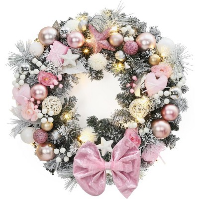 24 Inch Christmas Wreath with Pink Bow, Artificial Frosted Pine Needles Christmas Decorations, Holiday Accent Wreaths for Front Door, Window, Wall