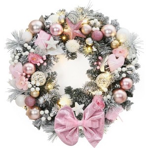 24 Inch Christmas Wreath with Pink Bow, Artificial Frosted Pine Needles Christmas Decorations, Holiday Accent Wreaths for Front Door, Window, Wall - 1 of 4