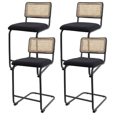 Bekrvio 26" Counter Height Bar Stools - Rattan, Velvet Upholstered with Cane Back & Metal Frame, Mid Century Modern Kitchen Stools for Counter Island