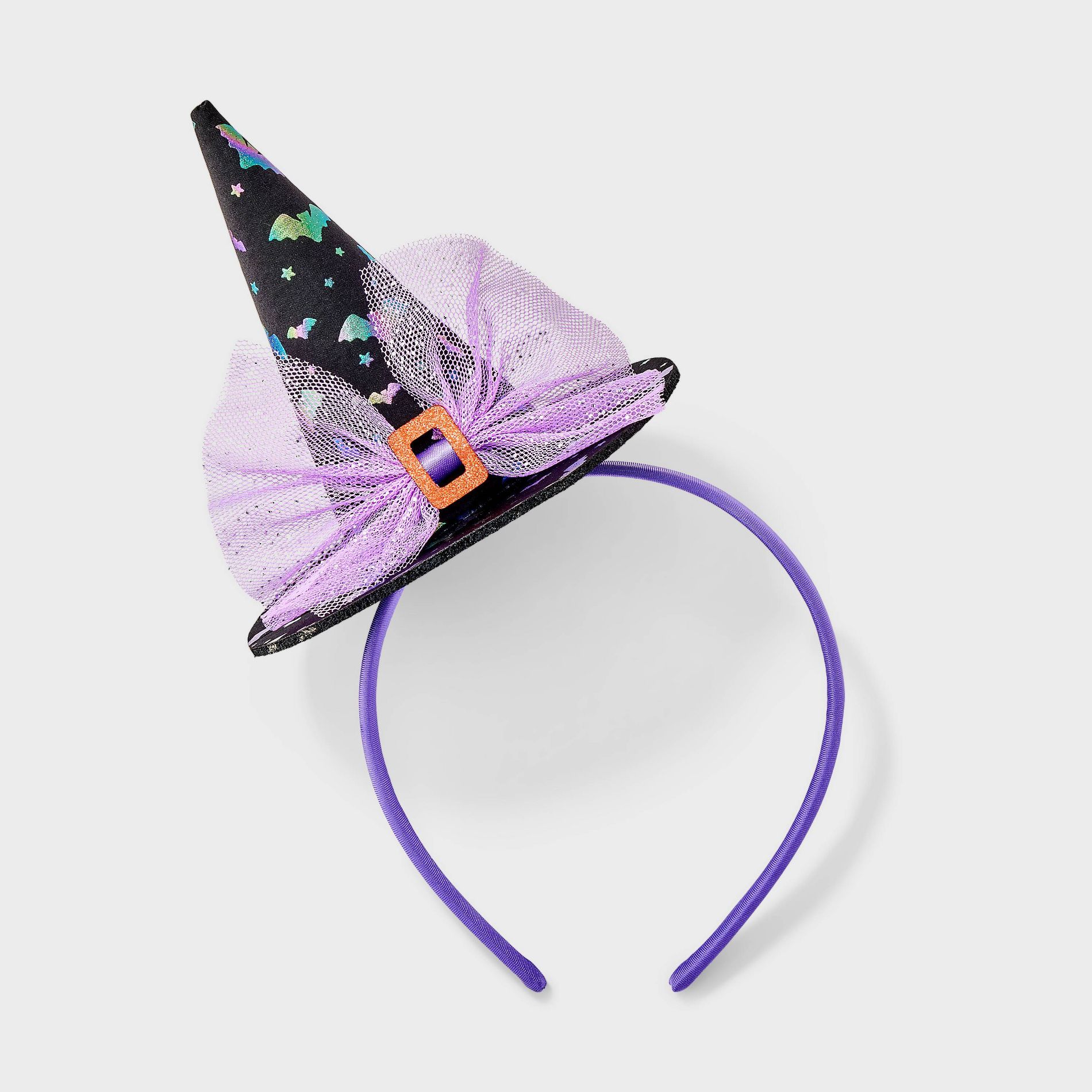Halloween Rainbow Bats with Bow Witch Hat Topper Headband - Black/Purple