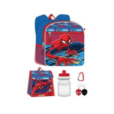 Marvel Spider-Man Kids School Backpack 16" 5PC Lunch Kit, Keychain, Metal Carabiner, and Water Bottle