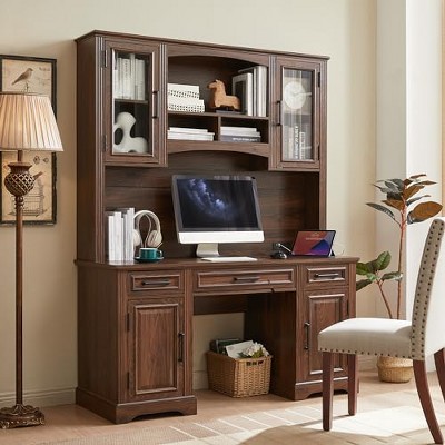 TAJSOON Farmhouse 76" Height Computer Desk with Hutch, Office Desk with Charging Station, Brown