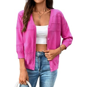 Womens Lightweight Summer Cropped Cardigan 3/4 Sleeve Button up Thin Bolero Crochet Knit Shrug Sweater Rose Pink XL - 1 of 4
