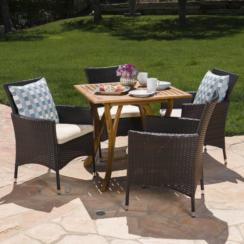 Danby 5pc Acacia Wood Wicker Dining Set - Brown/Beige - Christopher Knight Home, 1 of 8