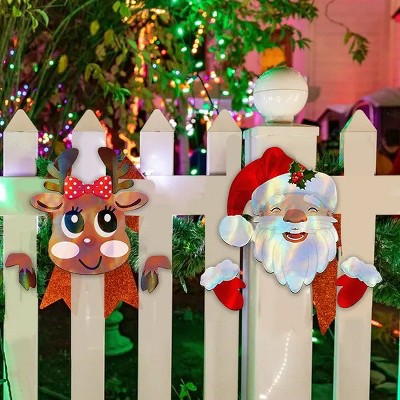 Christmas Fence Peeker with Santa and Elk, Outdoor Holiday Yard Decoration for Garden Patio Home Festive Decor