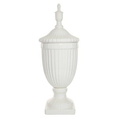 26" White Ceramic Tall Fluted Urn Vase with Lid
