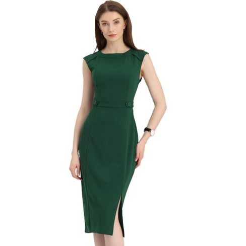 Allegra K Women's Round Neck Sheath Dress Slim Fit Sleeveless Split Work  Pencil Dresses Dark Green Medium