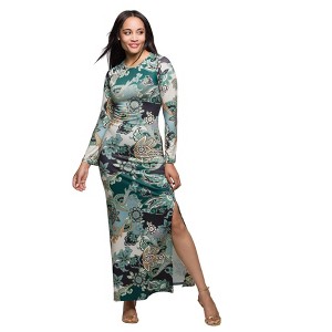 24seven Comfort Apparel Green Paisley Print Long Sleeve Side Slit Maxi Dress - 1 of 4