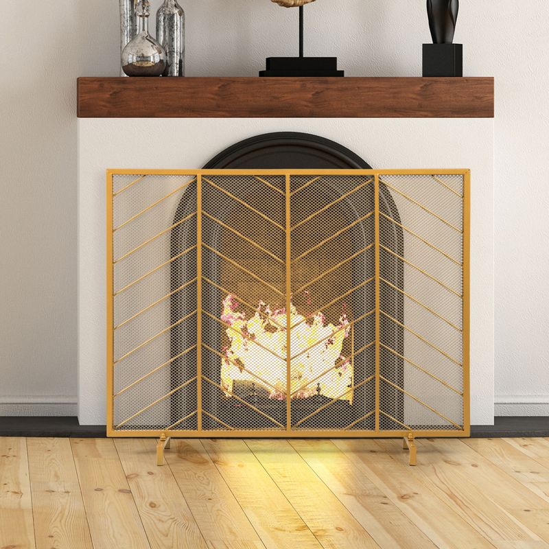Costway 39''x31'' Single Panel Fireplace Screen Spark Guard Fence Chevron Gold Finish, 3 of 11