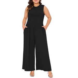 Agnes Orinda Women's Plus Size Sleeveless Crew Neck Wide Leg with Pocket Jumpsuit - 1 of 4