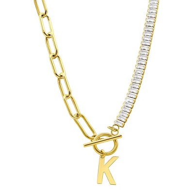 Adornia 14k Gold Plated Half Crystal And Half Paperclip Initial Toggle Necklace