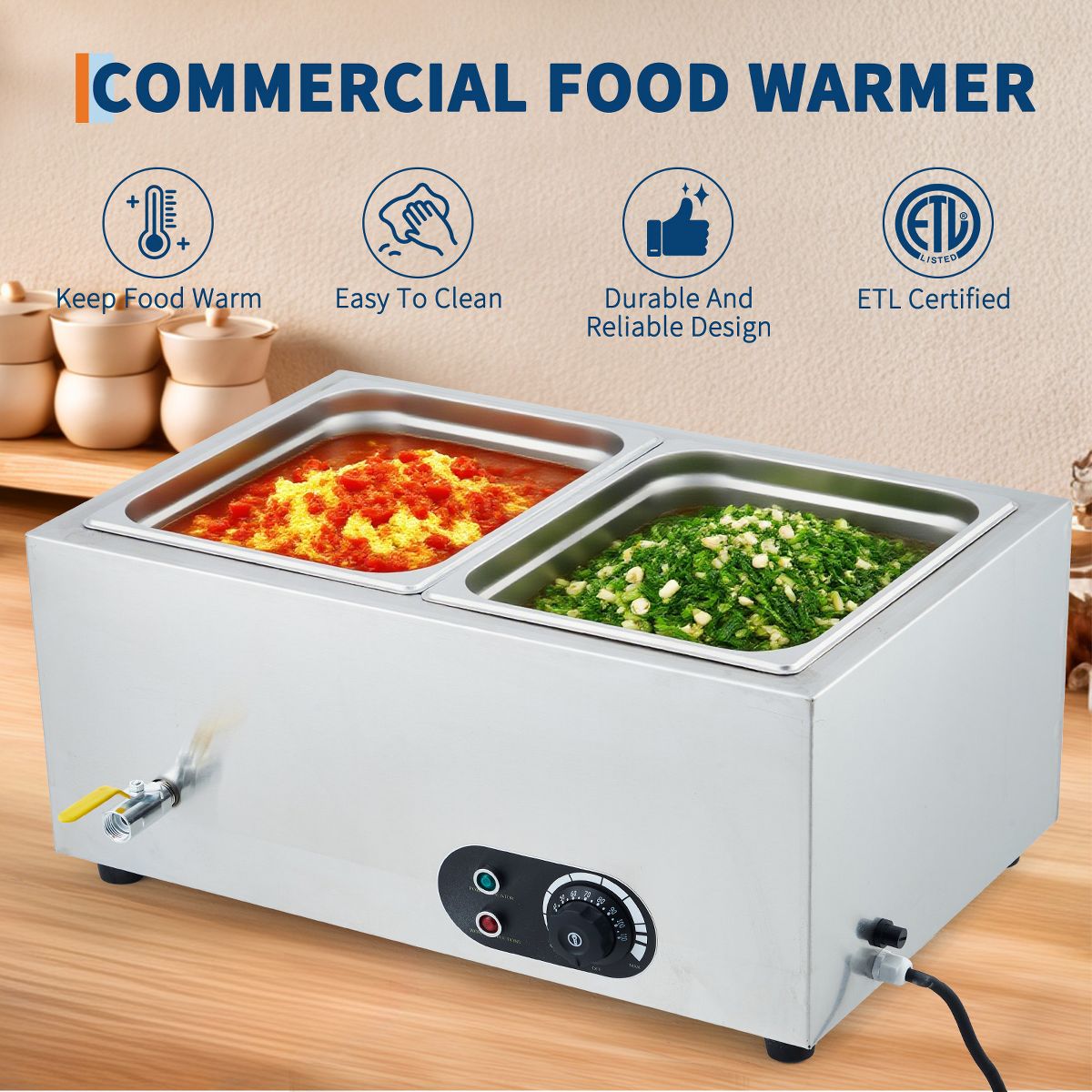 Stainless Steel Commercial Food Warmer Buffet Server, 6 Pan Electric Bain Marie Station, Fast Heating for Restaurant Catering Hotel Banquet - thumbnail 3