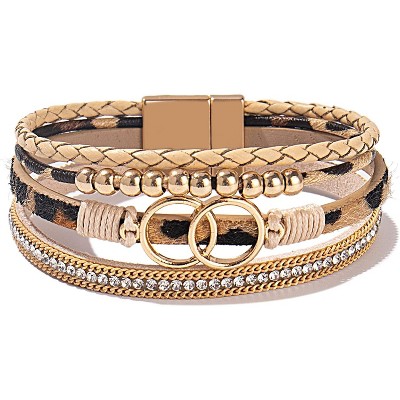 Boho Wrap Bracelet with Infinity Design, Leather Cuff Bangle with Magnetic Clasp, Stackable Jewelry Gift for Mom