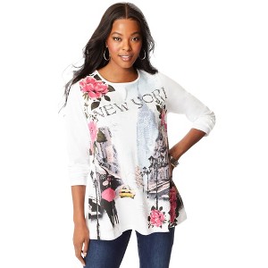 Roaman's Women's Plus Size Travel Graphic Long Sleeve Tee - 1 of 4