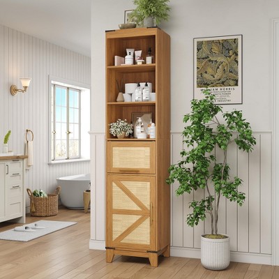 Rattan Storage Cabinet with Adjustable Shelves & Drawer, Tall Narrow Cabinet
