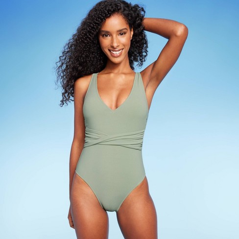 Women's Ribbed Plunge Twist-Front One Piece Swimsuit - Shade & Shore™ Green  M