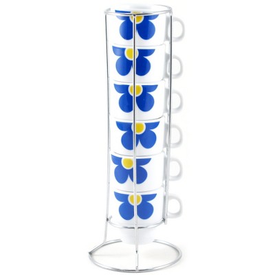 Retro Daisies Cappucino Coffee 7 Piece Cup Set &Wire Rack