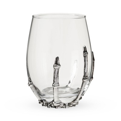 Twine Skeleton Hand Stemless Wine Glass, Gothic Wine Tumbler with Metal Skeleton Grip, Spooky Halloween Glass for Red, White Wine, 12 oz., Set of 1