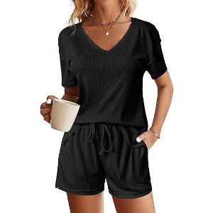 Ekouaer Womens Ribbed Knit Lounge Set Short Sleeve Top and Shorts Sleepwear Pajama Set Two Piece Shorts Outfits Set - 1 of 4