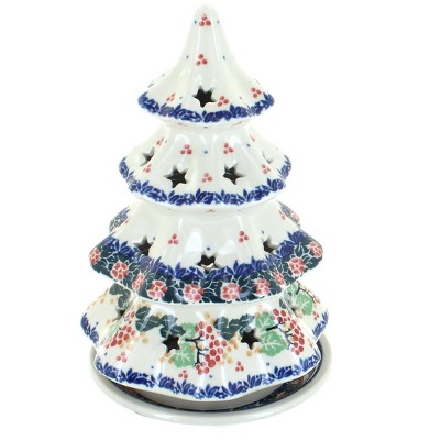 Blue Rose Polish Pottery Holly Large Christmas Tree Luminary