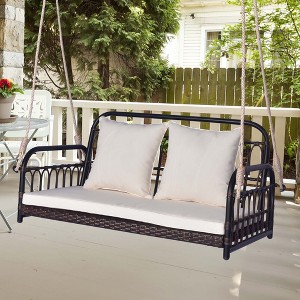 Costway Patio Swing Chair 2-Person Hanging Seat Outdoor Wicker Loveseat Cushioned Porch - 1 of 4