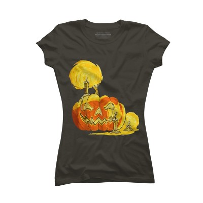 Junior's Design By Humans Halloween Pumpkin with Candle and Evil Smile By wubbadub T-Shirt