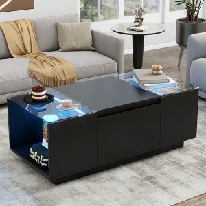 JUJABU Modern Coffee Table with High-Gloss Finish, Glass Tabletop, Open Storage Compartment and 2 Hidden Drawers for Living Room - 1 of 4