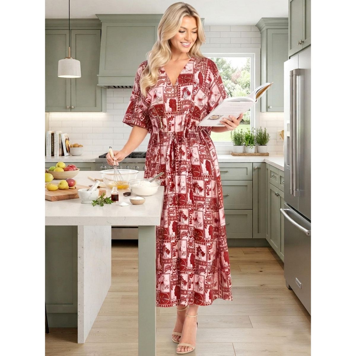 LA LEELA Summer Rayon Blend Women Vacation Caftan Maxi Dress Holiday Resortwear Cruise Pregnancy Wear Comfortable Outfit 2X-3X Red Turtle - thumbnail 3