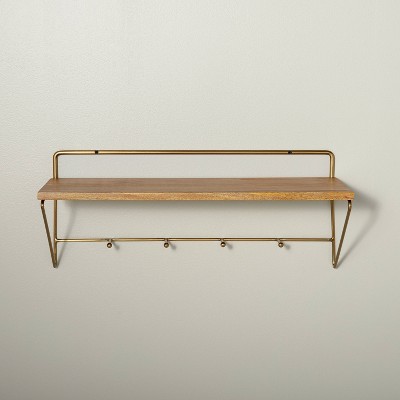 24" Wood & Brass Wall Shelf with Hooks - Hearth & Hand™ with Magnolia