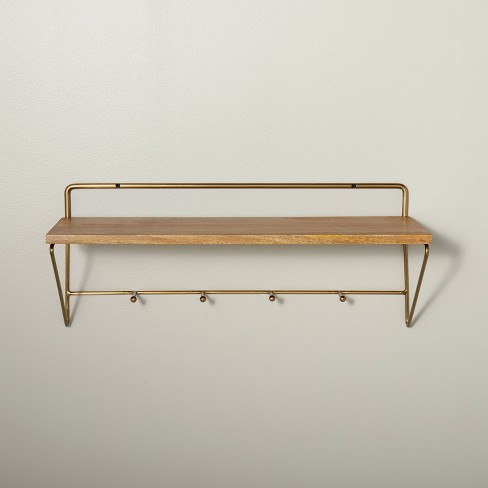 24 Wood & Brass Wall Shelf With Hooks - Hearth & Hand™ With
