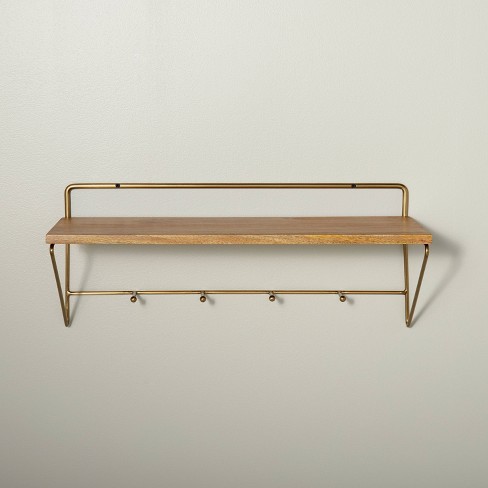 Wood And Metal Wire Cubby Wall Shelf With Hooks