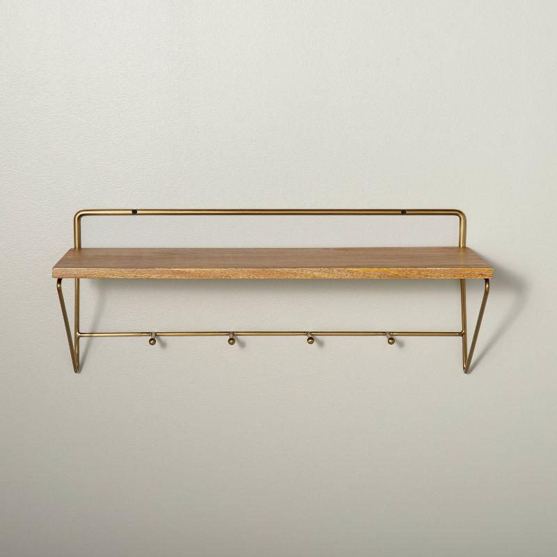 24&#34; Wood &#38; Brass Wall Shelf with Hooks - Hearth &#38; Hand&#8482; with Magnolia, 1 of 10