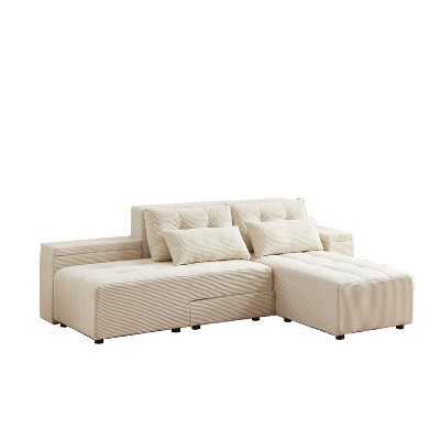 VYNXARIA Convertible 3 in 1 Sleeper Sofa and Sectional Sofa with 4 Storage Space for Living Room,Corduroy Couch With 4 pillows,Corduroy£¬Beige