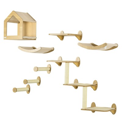 VisioGear Unique Cat Tree with 10 Cat Shelves, Wall-Mounted Cat Tree Climbing Playground with Cat Hammocks, Oak, 15.8"*12.8"*17.8"