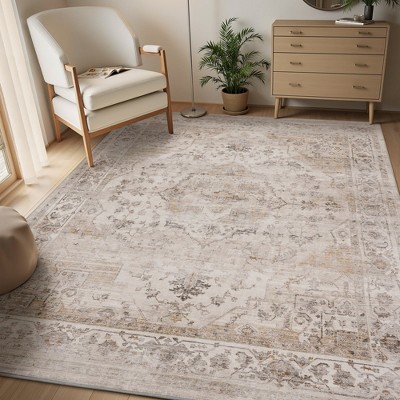 MontVoo Oriental Machine Washable Area Rug Beige