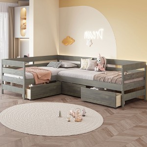 Gulches Twin Size L-shaped Platform Bed with Three Storage Drawers, Gray - 1 of 4