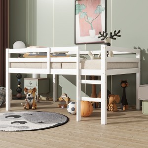 TIRAMISUBEST Full Size Low Loft Bed with Ladder and Guardrail, Rubber Wood Loft Bedframe with Slats Support, Kids Playhouse Bed - 1 of 4