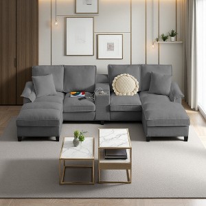 120" Modular Corduroy U-Shaped Sectional Sofa Bed with Storage, 4-Seater, Cup Holders & Chaise Footrest - 1 of 4