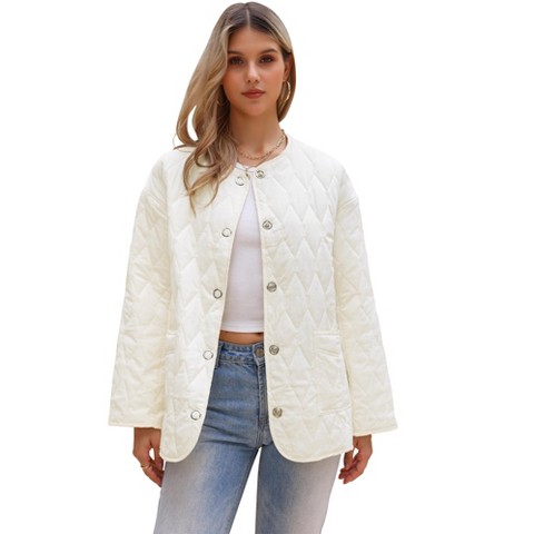 INSPIRE CHIC Women's Elegant Long Sleeve Snap Button Quilted Down Puffer Jacket White Medium
