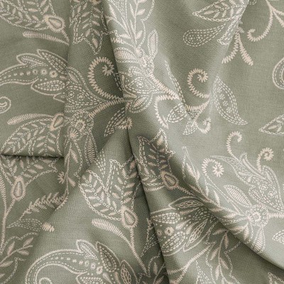 Sage Green Cotton Polyester Leaf Pattern Window Curtain Tiers 56"x36"